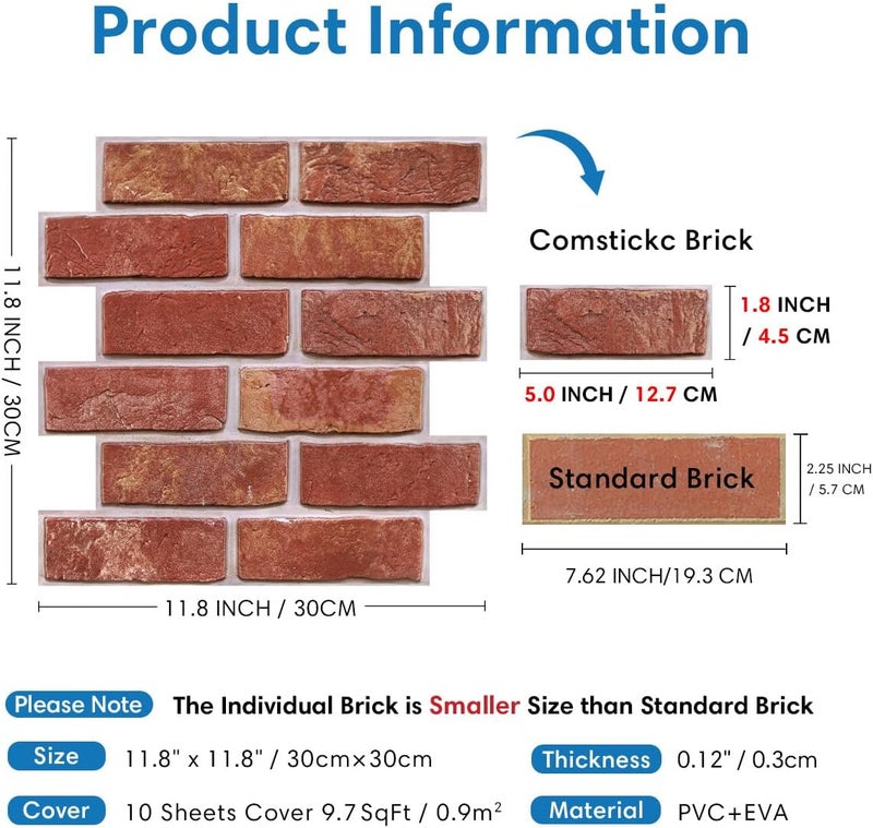 COMSTICKC 3D Red Brick Peel and Stick Wall Panels,10 Pcs of 12"X12",Small Size, Thin PVC 3D Fake Brick Self Adhesive Wall Covering Faux Brick Backsplash Interior Decor - Image 4